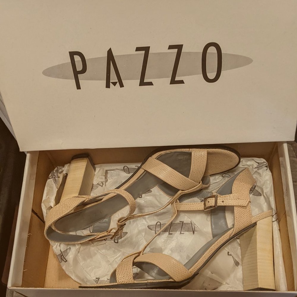 PAZZO Natural Beige Snakeskin Effect Block Heel Sandal